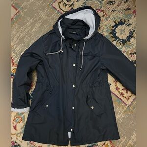 Women's Waterproof Raincoat, Lined, Hooded Windbreaker, XL Navy Blue